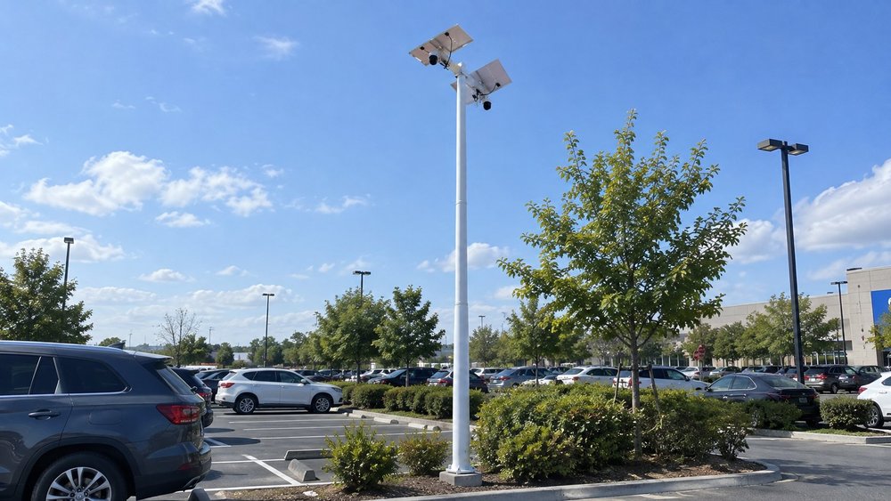Pole-mounted solar power system for parking lot CCTV: a white mast with two solar panels and cameras on top, standing in a lot with cars, trees and light poles around it