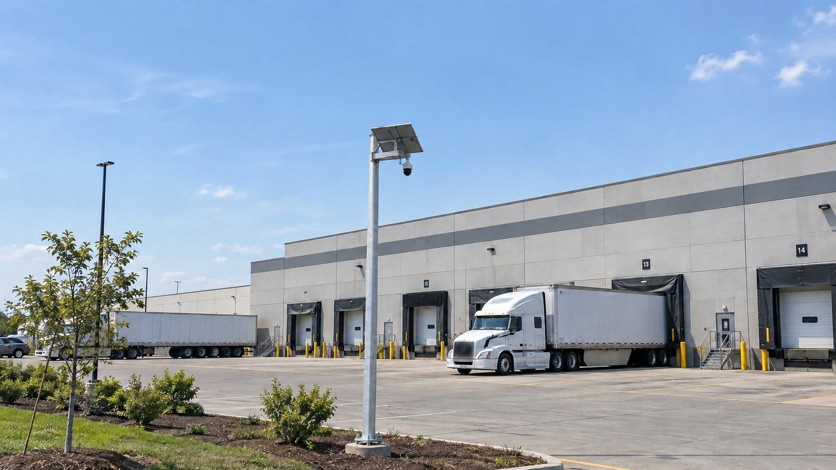 Solar powered security camera on a mast overlooking warehouse loading docks with container trailers